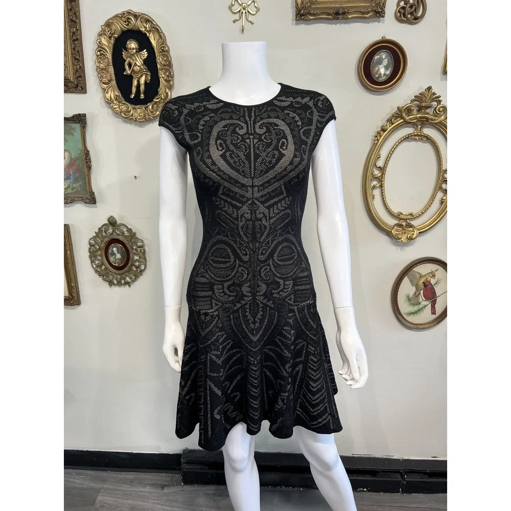 RVN Black Intricate Jacquard Knit Cap Sleeve Fit and Flare Mini Dress Size Small